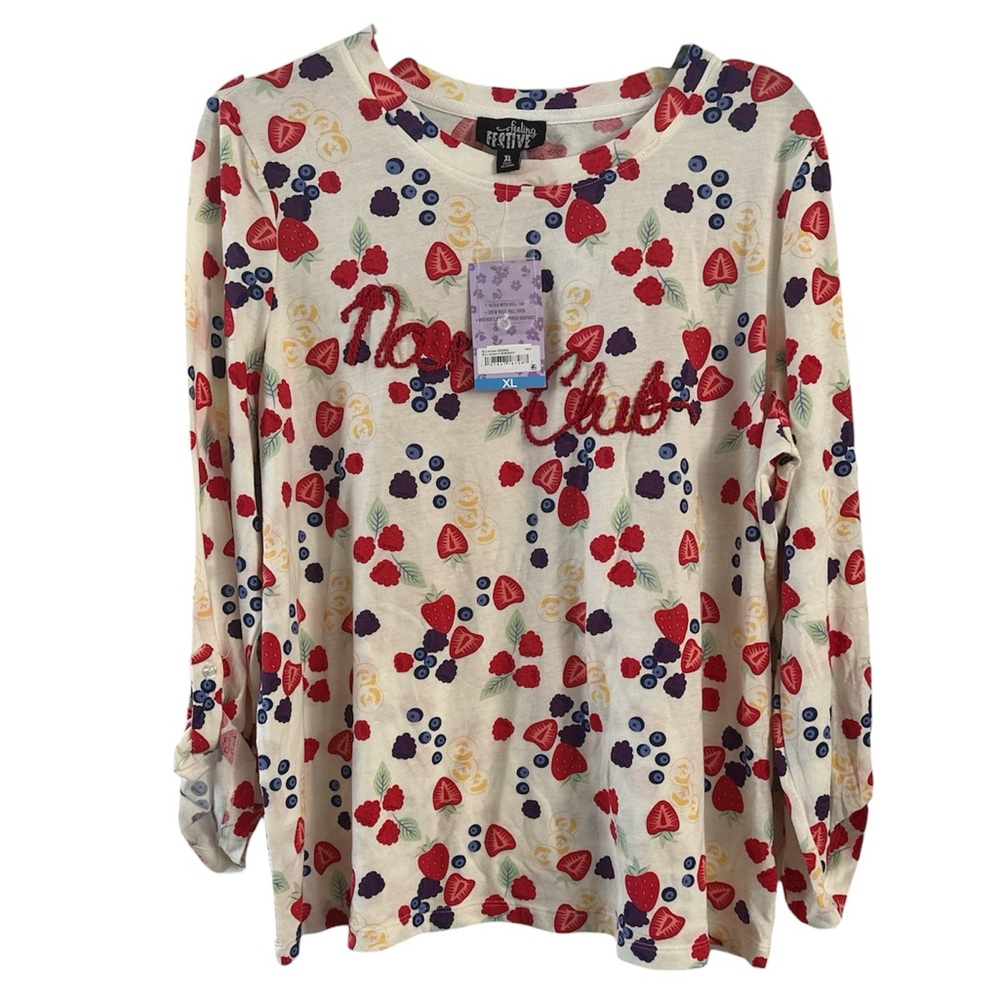 NWT Feeling Festive Cream Fruit Print Nana Club Long Sleeve Top Size XL